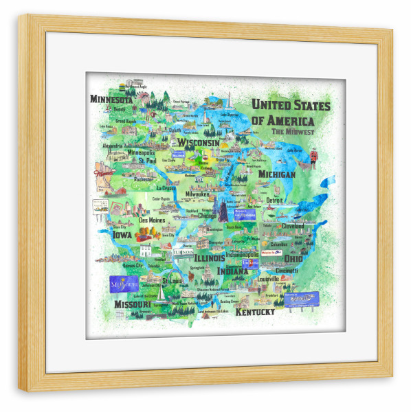 Poster mit Rahmen kiefer "USA Midwest States Travel Map" artboxONE - Städte,Reise,Städte / Chicago,Kartografie