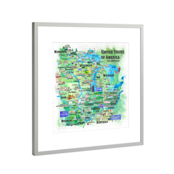 Poster mit Rahmen Silber "USA Midwest States Travel Map" artboxONE - Städte,Reise,Städte / Chicago,Kartografie