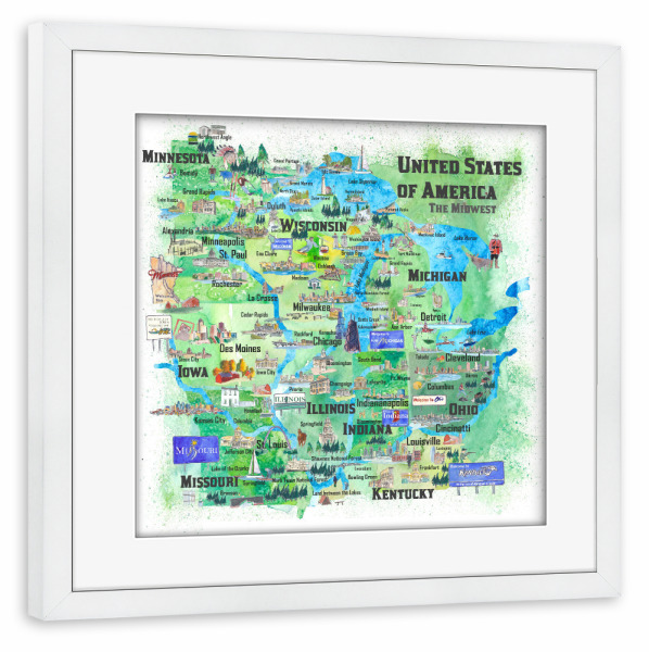 Poster mit Rahmen weiß "USA Midwest States Travel Map" artboxONE - Städte,Reise,Städte / Chicago,Kartografie