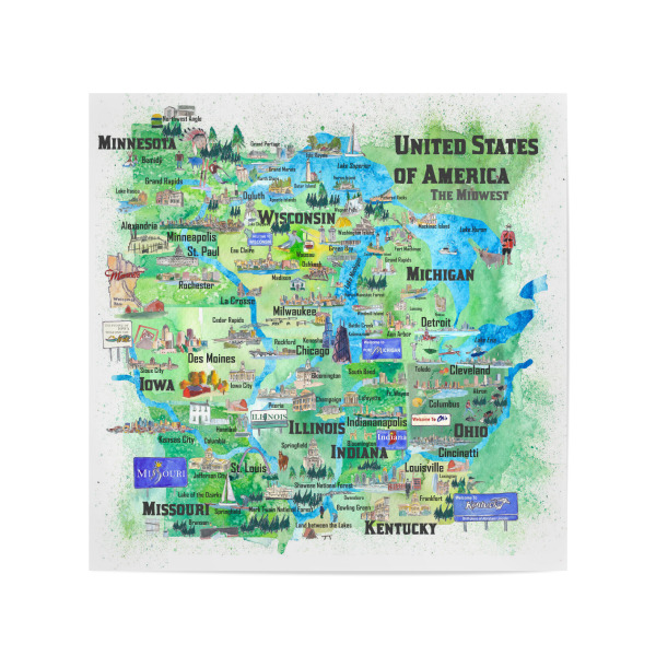 Poster 20x20 cm "USA Midwest States Travel Map" artboxONE - Städte,Reise,Städte / Chicago,Kartografie