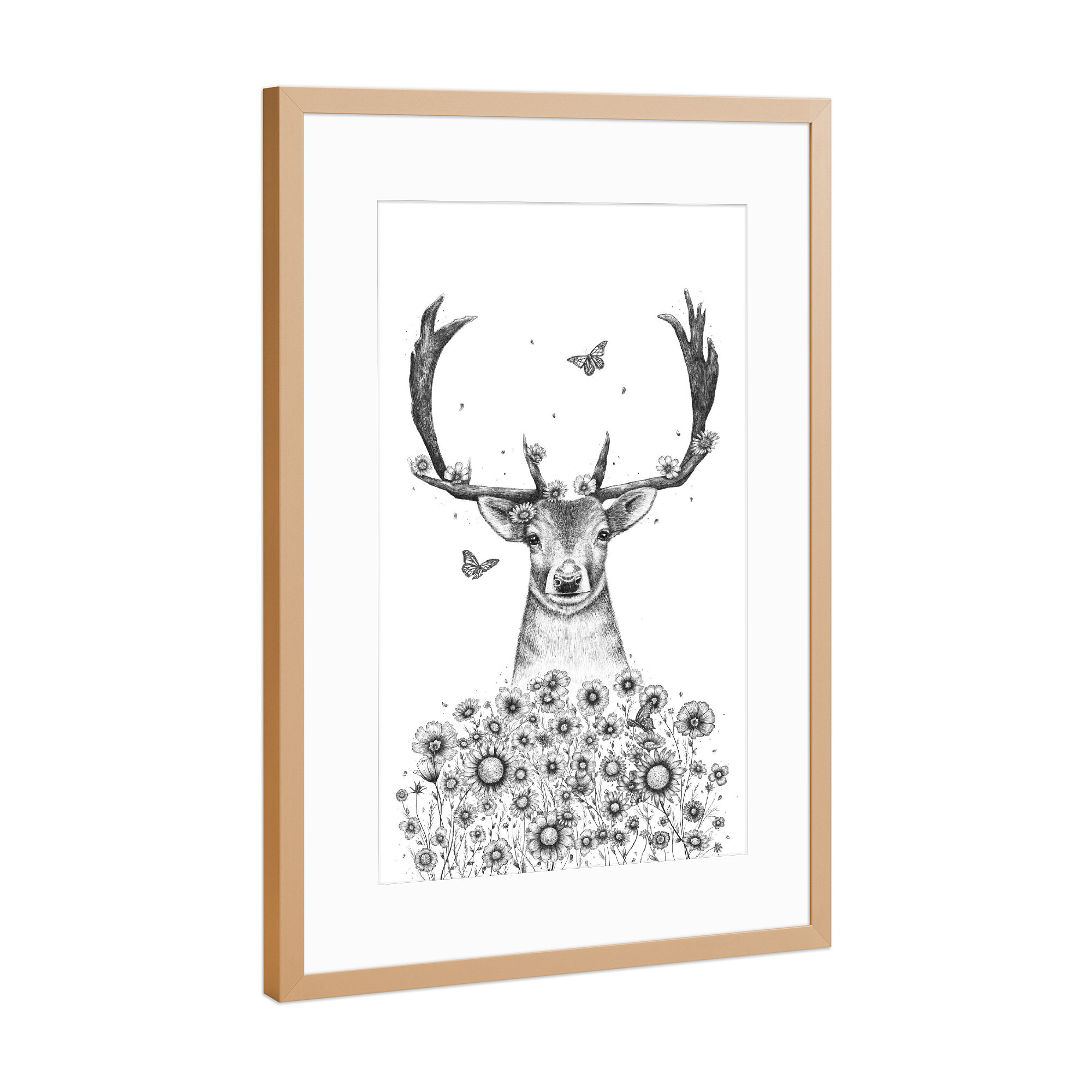 Poster mit Rahmen Kupfer "Deer in flowers" artboxONE - Natur,Floral,Tiere,Schwarzweiß,Für Mama