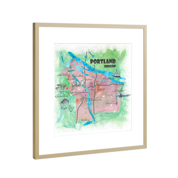 Poster mit Rahmen Gold "Portland Oregon Travel Map" artboxONE - Städte,Reise,Kartografie