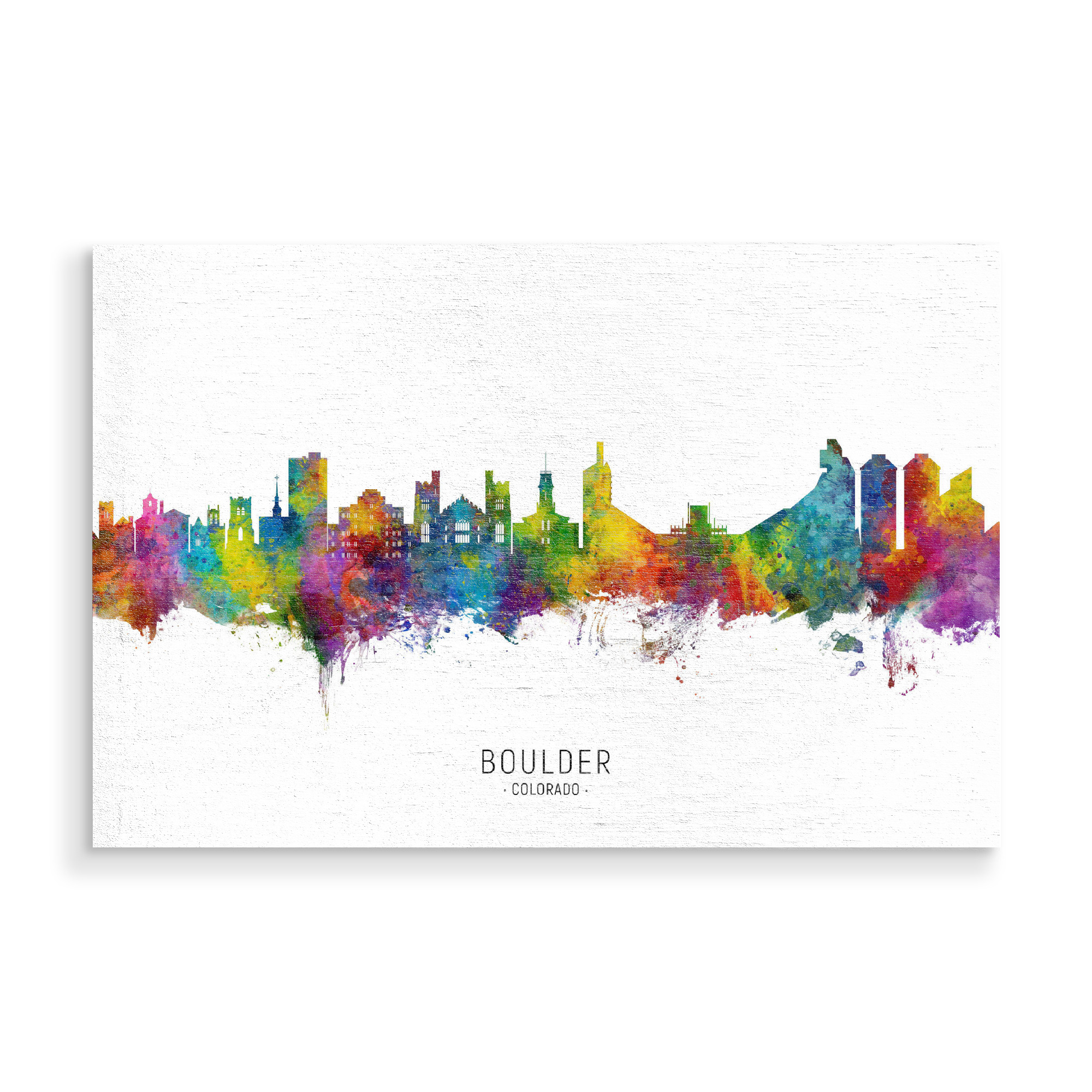 Holzbild "Boulder Colorado Skyline txt" artboxONE - Städte - Boulder,Colorado,Skyline,Cityscape,Stadtbild,Watercolor,City,Stadt,Colorful,Bunt