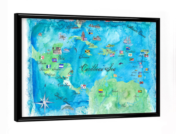 Poster mit schwarzem Rahmen "Caribbean Cruise Travel Map" artboxONE - Reise,Reise / Strand und Meer,Kartografie
