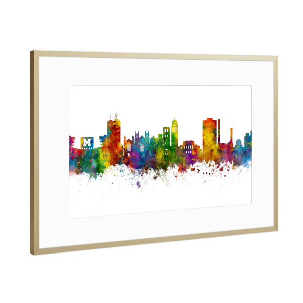 Poster mit Rahmen Gold "Ann Arbor Michigan Skyline" artboxONE - Städte