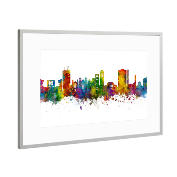 Poster mit Rahmen Silber "Ann Arbor Michigan Skyline" artboxONE - Städte