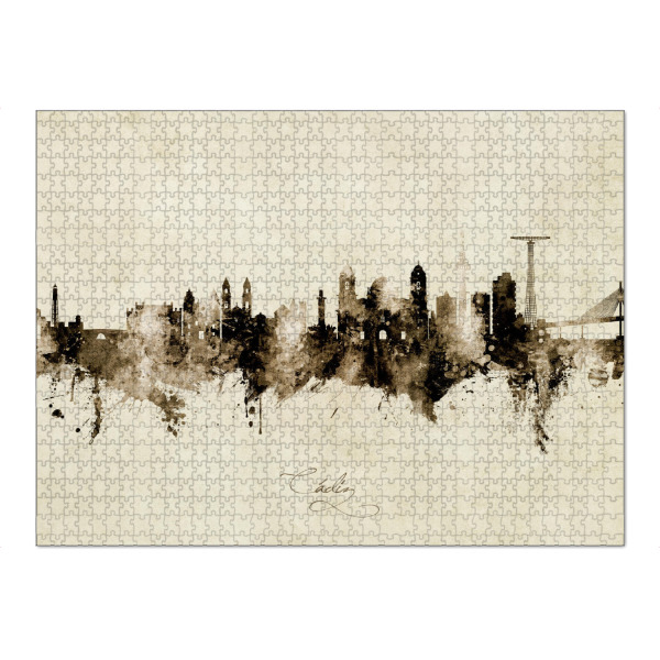 Puzzle Ravensburger "Cádiz Spain Skyline Sepia" artboxONE - Städte - Cádiz,Spain,Skyline,Cityscape,Stadtbild,Watercolor,Spanien,Beige,Stadt,City