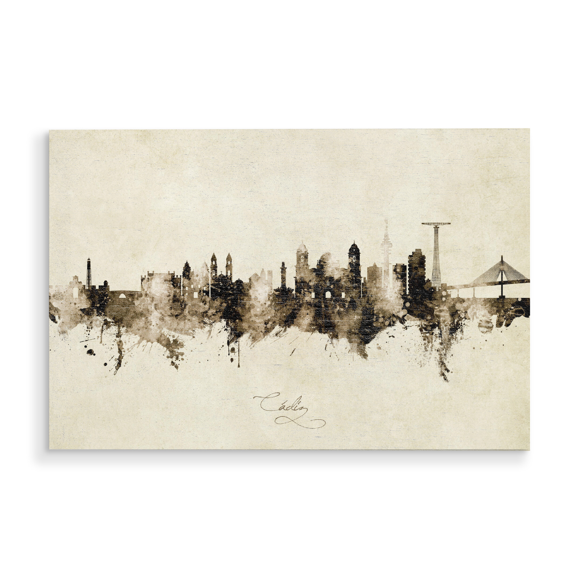 Holzbild "Cádiz Spain Skyline Sepia" artboxONE - Städte - Cádiz,Spain,Skyline,Cityscape,Stadtbild,Watercolor,Spanien,Beige,Stadt,City