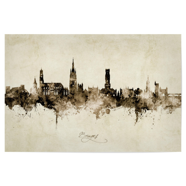 Poster "Bruges Belgium Skyline Sepia" artboxONE - Städte - Bruges,Belgium,Skyline,Cityscape,Stadtbild,Watercolor,Painting,Stadt,City,Beige