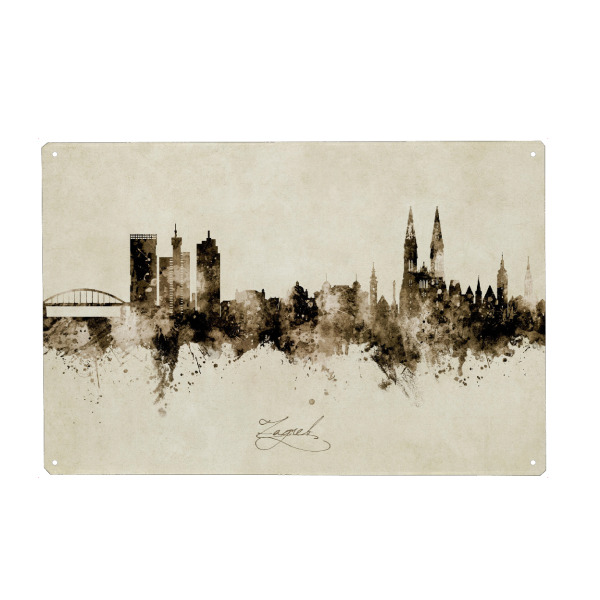Metall Poster "Zagreb Croatia Skyline Sepia" artboxONE - Städte - Zagreb,Croatia,Skyline,Cityscape,Stadtbild,Watercolor,Kroatien,City,Stadt,Beige