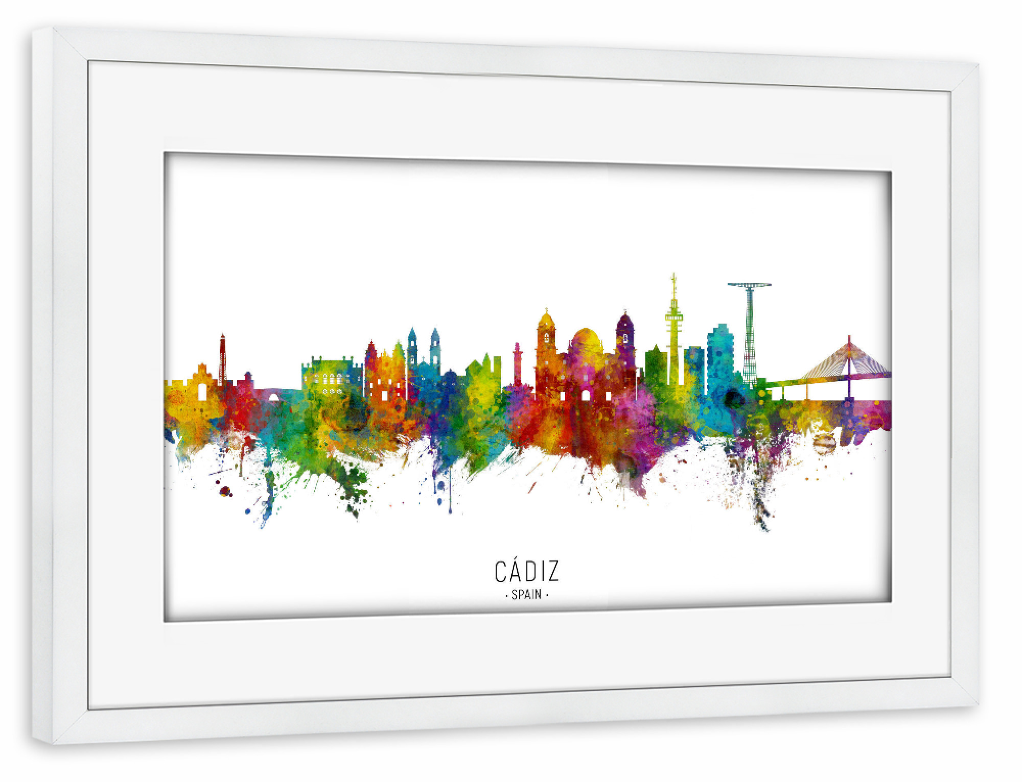 Poster mit Rahmen weiß "Cádiz Spain Skyline txt" artboxONE - Städte