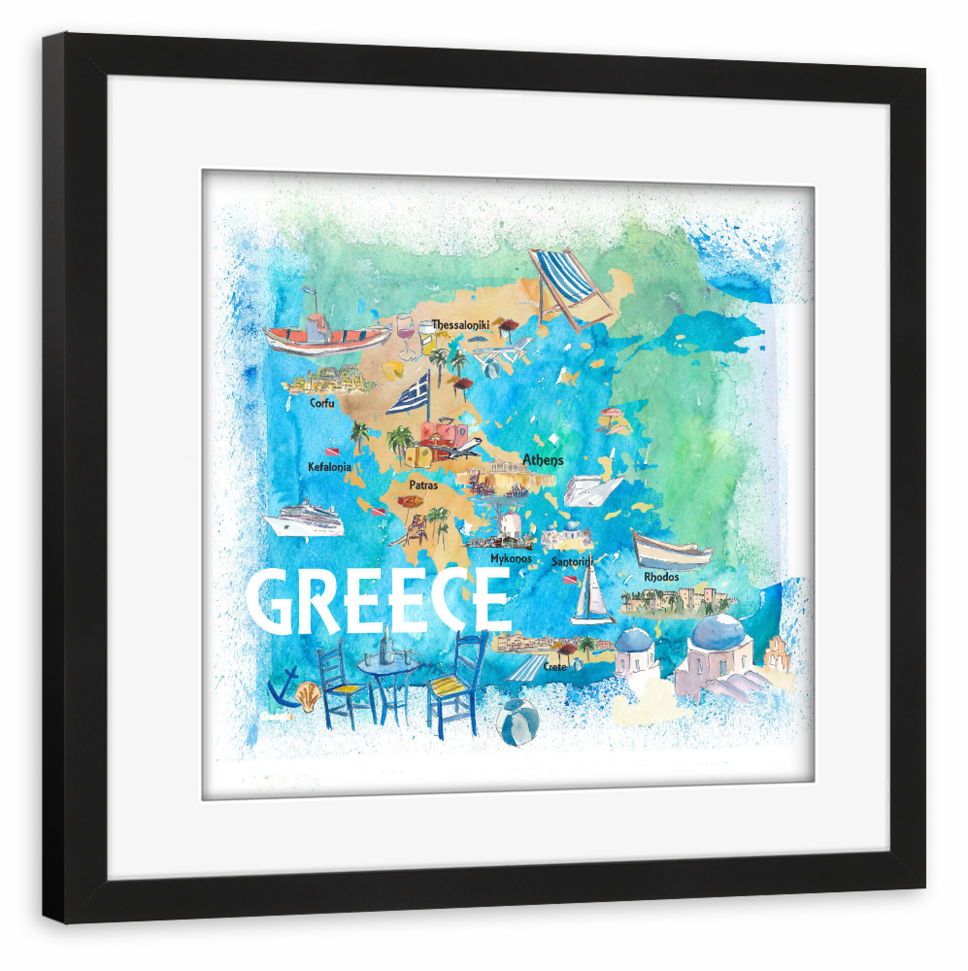 Poster mit Rahmen schwarz "Greece Illustrated Travel Map" artboxONE - Städte,Reise,Architektur,Reise / Strand und Meer,Kartografie