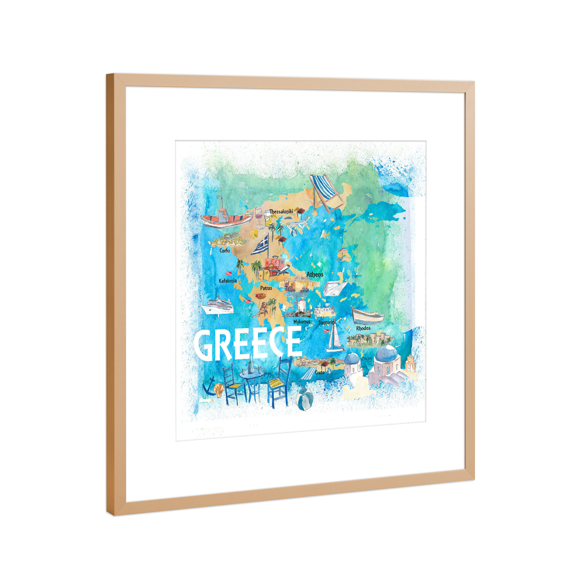 Poster mit Rahmen Kupfer "Greece Illustrated Travel Map" artboxONE - Städte,Reise,Architektur,Reise / Strand und Meer,Kartografie