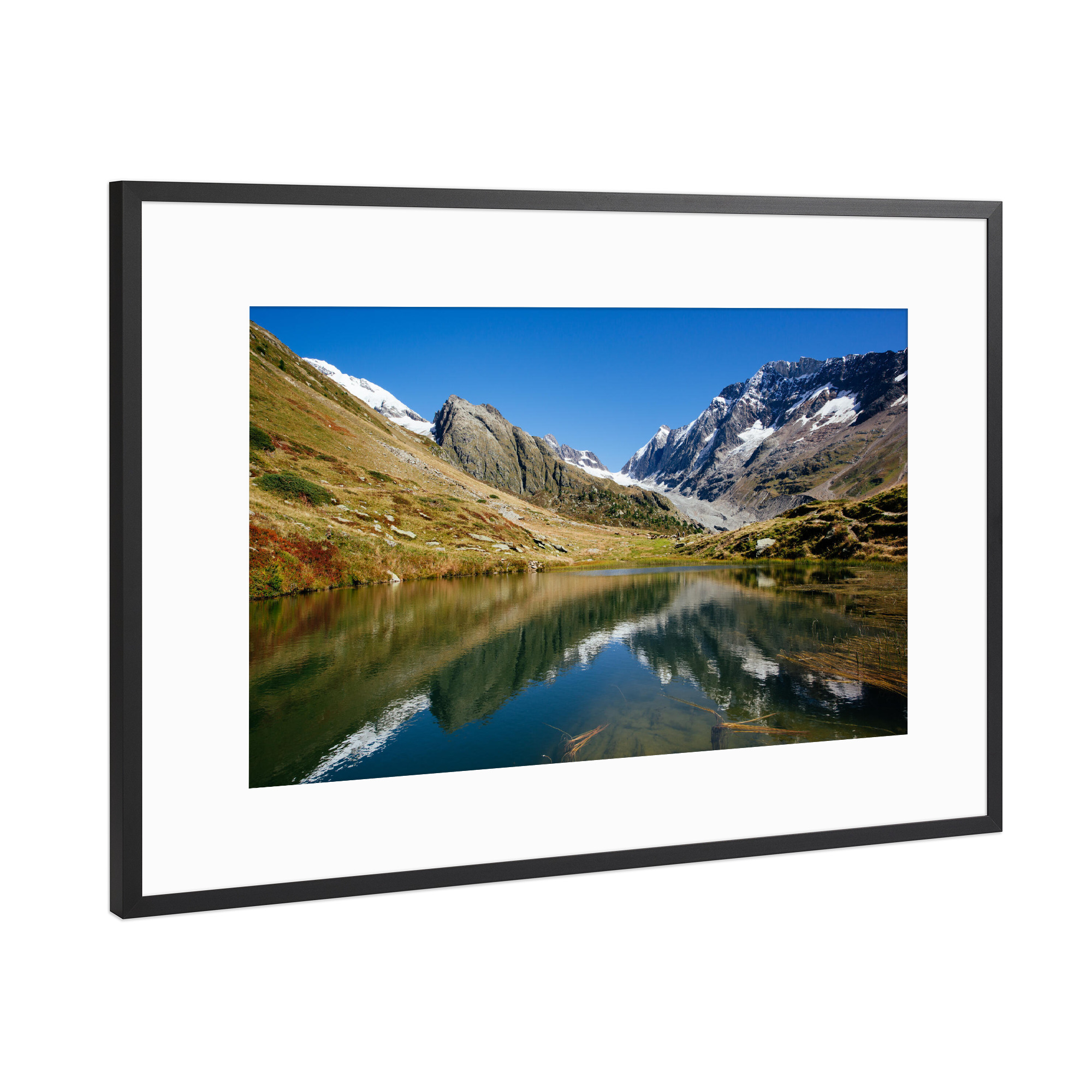 Poster mit Rahmen Schwarz (Metallic) "Guggisee mountain lake" artboxONE - Natur