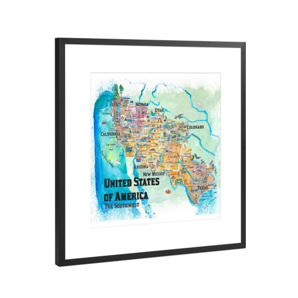 Poster mit Rahmen Schwarz (Metallic) "USA Southwest States Map" artboxONE - Kartografie