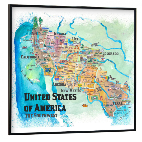 Poster mit schwarzem Rahmen 30x30 cm "USA Southwest States Map" artboxONE - Kartografie