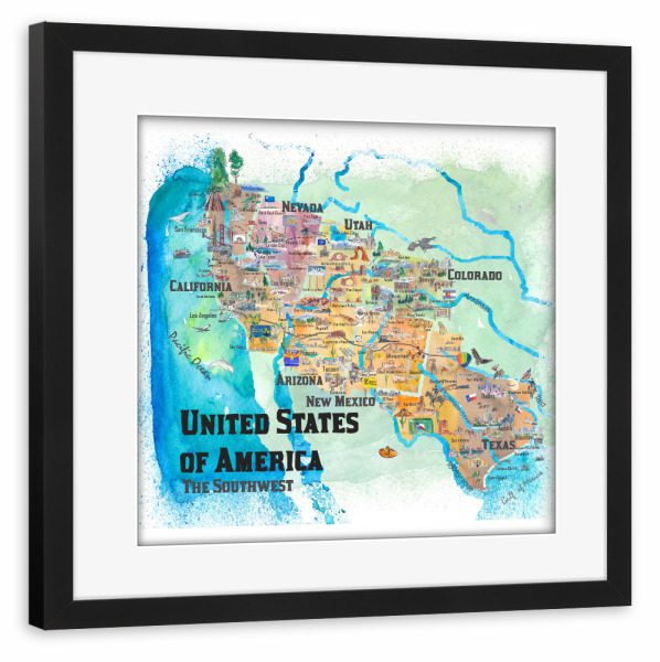 Poster mit Rahmen schwarz "USA Southwest States Map" artboxONE - Kartografie