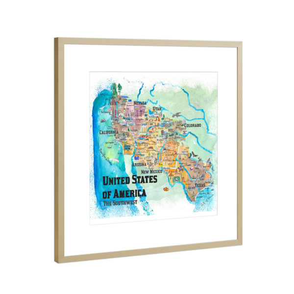 Poster mit Rahmen Gold "USA Southwest States Map" artboxONE - Kartografie