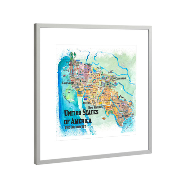 Poster mit Rahmen Silber "USA Southwest States Map" artboxONE - Kartografie