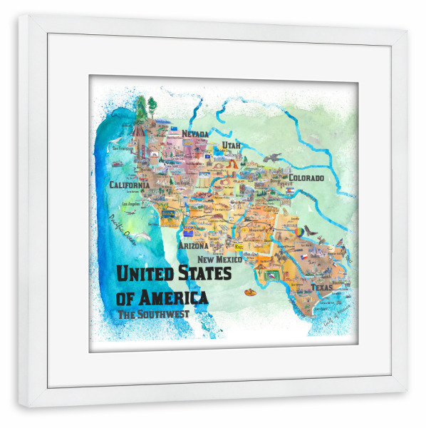 Poster mit Rahmen weiß "USA Southwest States Map" artboxONE - Kartografie