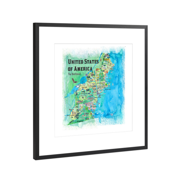 Poster mit Rahmen Schwarz (Metallic) "USA Northeast States Map" artboxONE - Reise,Architektur,Kartografie