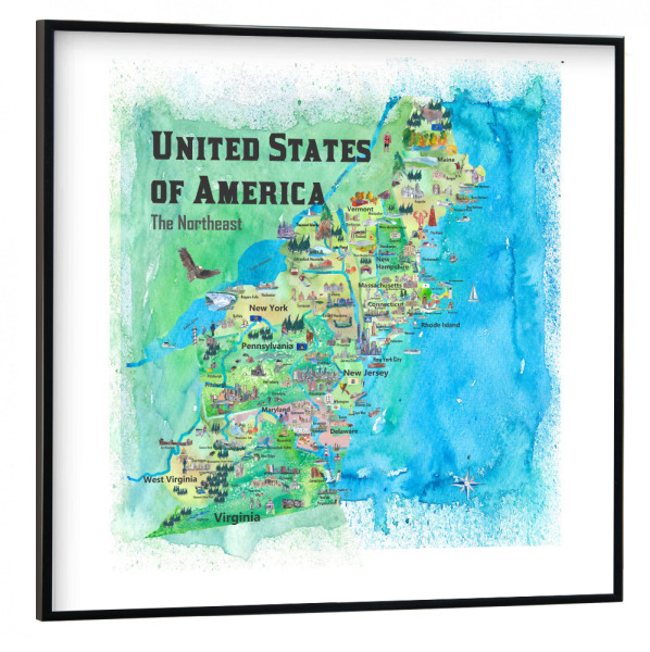 Poster mit schwarzem Rahmen 30x30 cm "USA Northeast States Map" artboxONE - Reise,Architektur,Kartografie