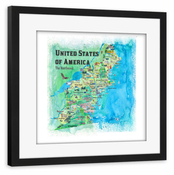 Poster mit Rahmen schwarz "USA Northeast States Map" artboxONE - Reise,Architektur,Kartografie