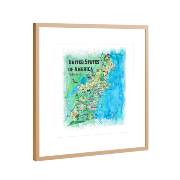 Poster mit Rahmen Kupfer "USA Northeast States Map" artboxONE - Reise,Architektur,Kartografie