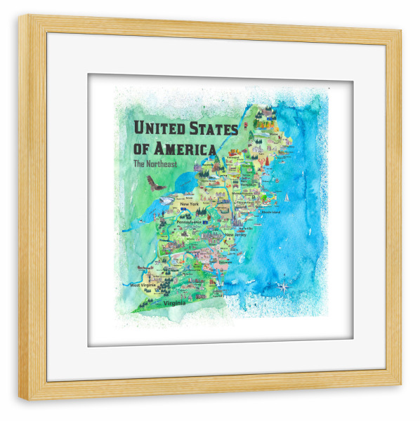 Poster mit Rahmen kiefer "USA Northeast States Map" artboxONE - Reise,Architektur,Kartografie
