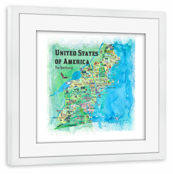 Poster mit Rahmen weiß "USA Northeast States Map" artboxONE - Reise,Architektur,Kartografie