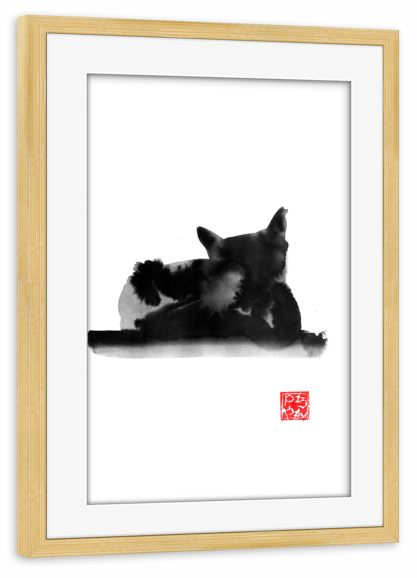 Poster mit Rahmen kiefer "Black cat" artboxONE - Tiere,Schwarzweiß - Cat,Neko,Japan,Sumie,Katze,Animal,Tier,Nature,Natur