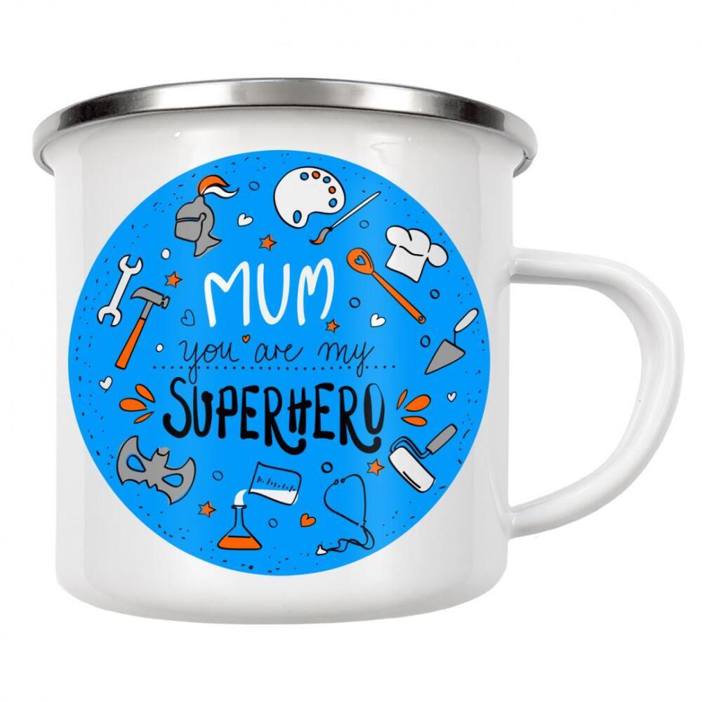 Emaille Tasse "Superhero - Mum" artboxONE - Typografie,Liebe,Für Mama - Mama,Mutter,Muttertag,Großartig,Bunt,Typo,Typografie,Minimalismus,Superhero