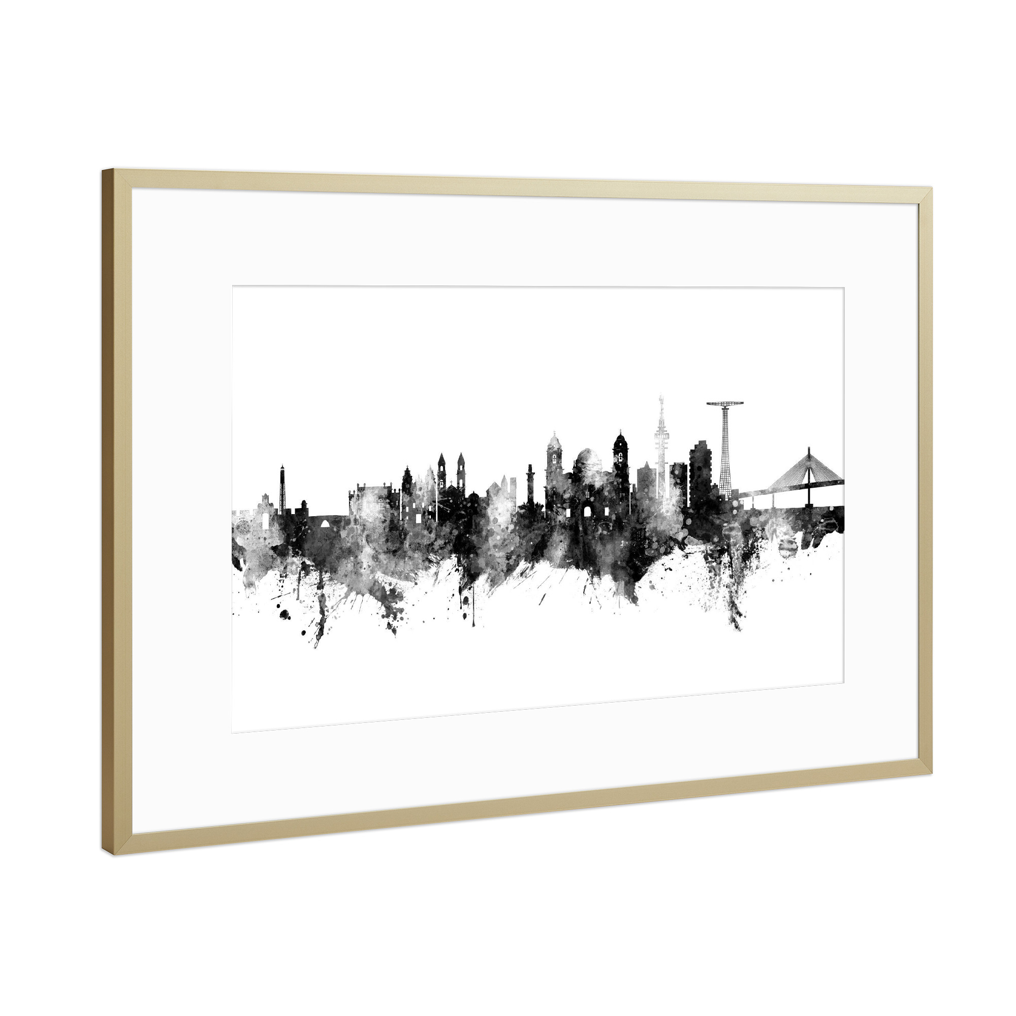 Poster mit Rahmen Gold "Cádiz Spain Skyline Black" artboxONE - Städte,Schwarzweiß