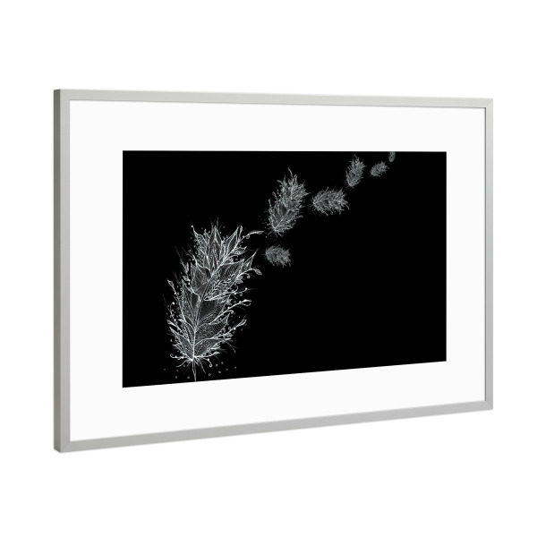 Poster mit Rahmen Silber "Flying Feathers" artboxONE - Abstrakt,Schwarzweiß