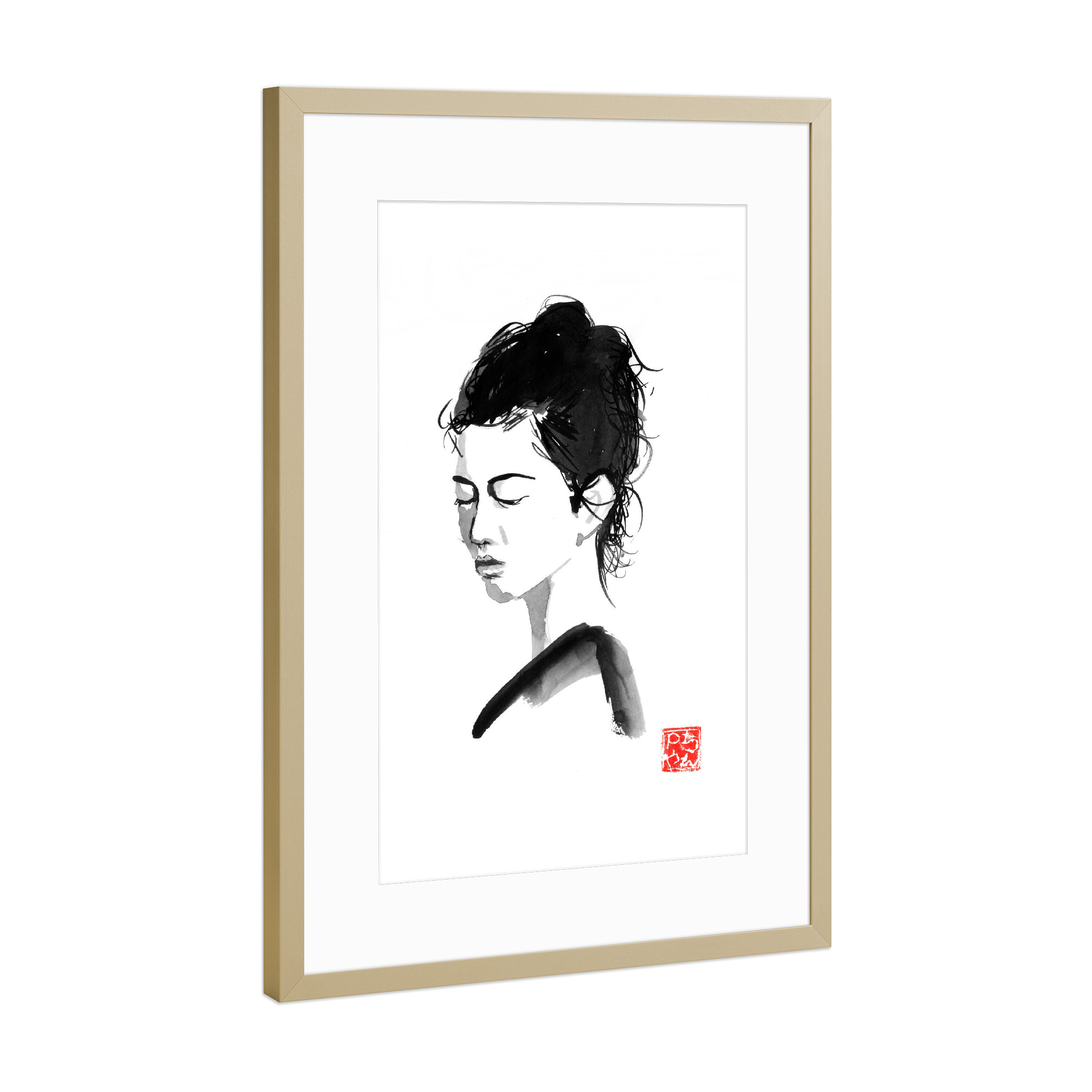Poster mit Rahmen Gold "Visage woman" artboxONE - Menschen,Schwarzweiß - Woman,Sumie,Japan,Frau,Malerei,Schwarzweiß,Blackandwhite