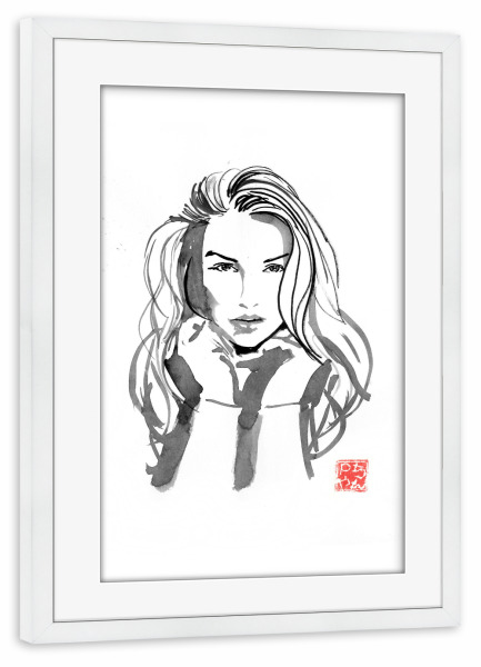 Poster mit Rahmen weiß "Visage" artboxONE - Menschen,Schwarzweiß - Fashion,Face,Woman,Japan,Sumie,Frau,Beauty,Malerei,Schwarzweiß,Blackandwhite