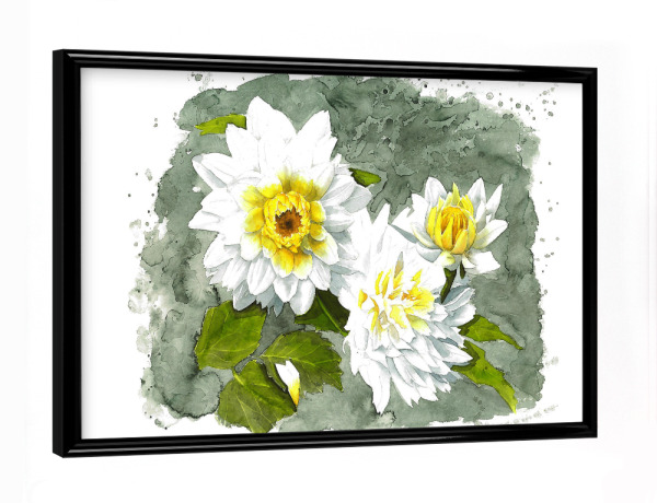 Poster mit schwarzem Rahmen "White Flower" artboxONE - Natur,Floral - Weiß,Blume,Flower,White,Rose,Klekse,Watercolor,Aquarell,Yellow,Gelb,Green,Grün