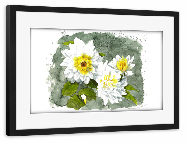 Poster mit Rahmen schwarz "White Flower" artboxONE - Natur,Floral - Weiß,Blume,Flower,White,Rose,Klekse,Watercolor,Aquarell,Yellow,Gelb,Green,Grün