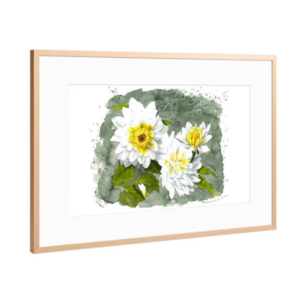 Poster mit Rahmen Kupfer "White Flower" artboxONE - Natur,Floral - Weiß,Blume,Flower,White,Rose,Klekse,Watercolor,Aquarell,Yellow,Gelb,Green,Grün