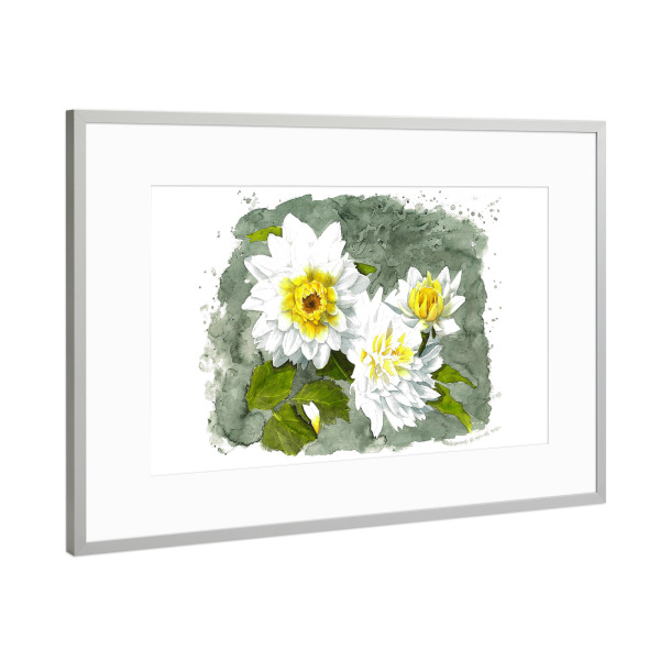 Poster mit Rahmen Silber "White Flower" artboxONE - Natur,Floral - Weiß,Blume,Flower,White,Rose,Klekse,Watercolor,Aquarell,Yellow,Gelb,Green,Grün