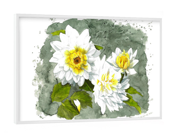 Poster mit weißem Rahmen "White Flower" artboxONE - Natur,Floral - Weiß,Blume,Flower,White,Rose,Klekse,Watercolor,Aquarell,Yellow,Gelb,Green,Grün