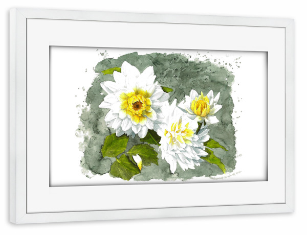 Poster mit Rahmen weiß "White Flower" artboxONE - Natur,Floral - Weiß,Blume,Flower,White,Rose,Klekse,Watercolor,Aquarell,Yellow,Gelb,Green,Grün