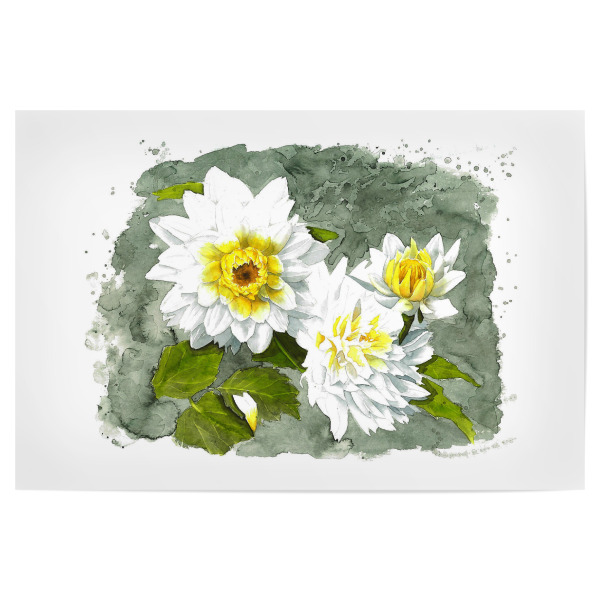 Poster "White Flower" artboxONE - Natur,Floral - Weiß,Blume,Flower,White,Rose,Klekse,Watercolor,Aquarell,Yellow,Gelb,Green,Grün