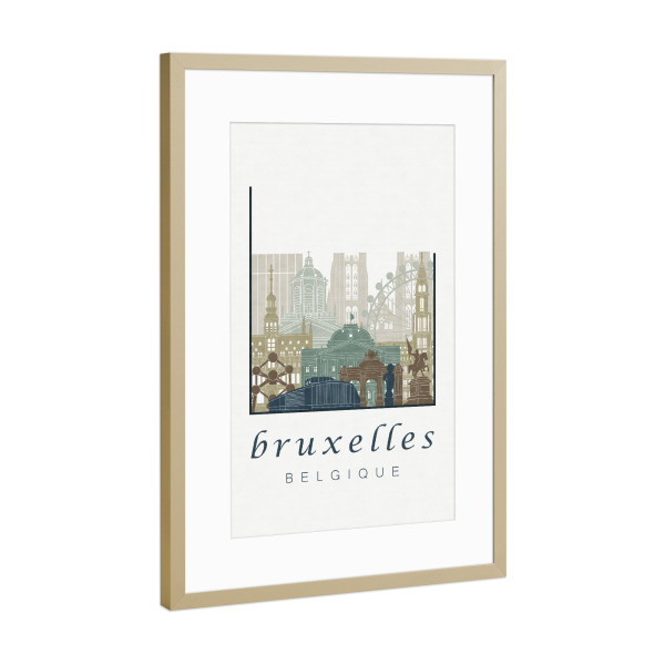 Poster mit Rahmen Gold "Brussels skyline light blue" artboxONE - Städte,Architektur