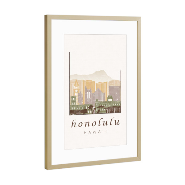 Poster mit Rahmen Gold "Honolulu skyline rustic" artboxONE - Städte,Architektur