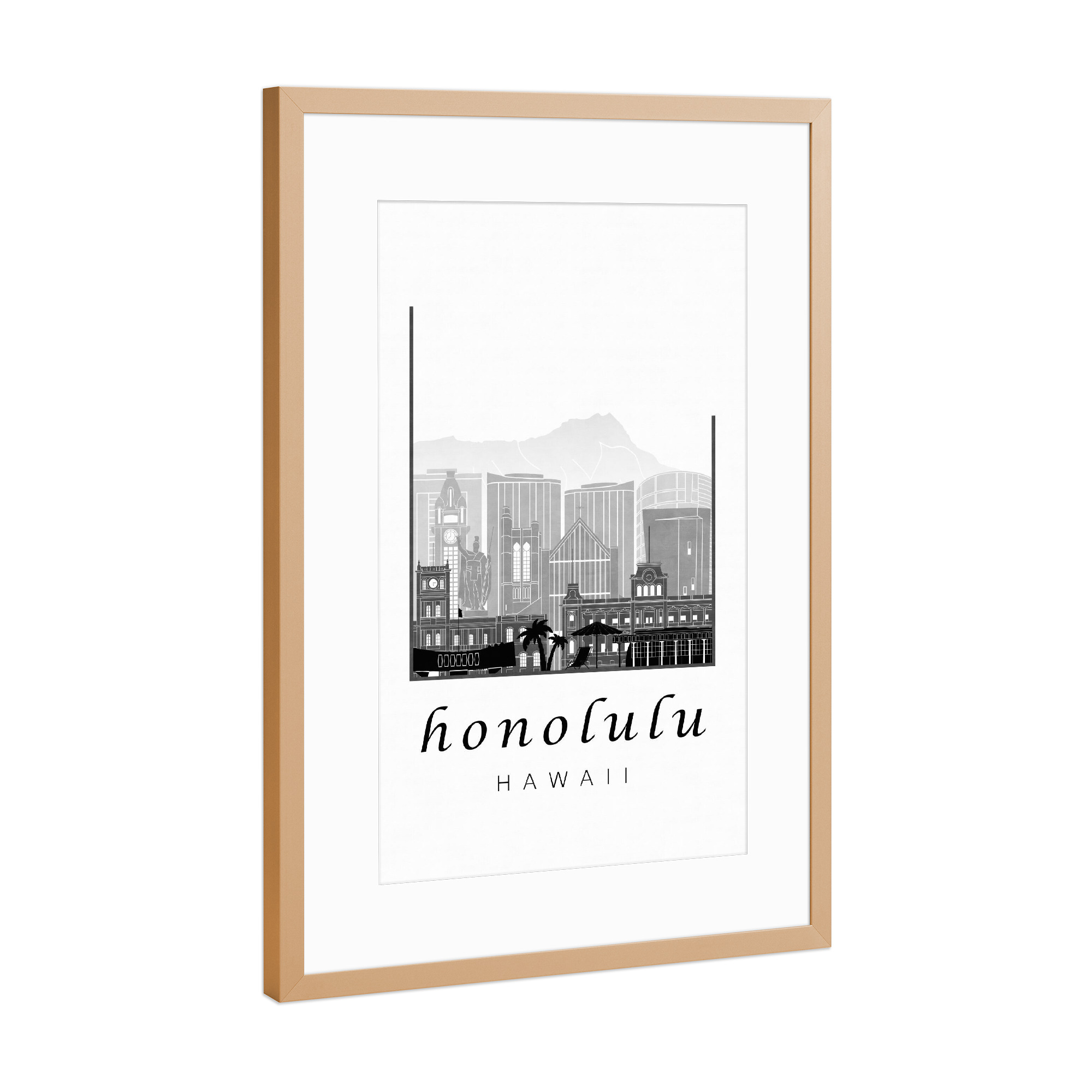 Poster mit Rahmen Kupfer "Honolulu skyline black & white" artboxONE - Städte,Schwarzweiß,Architektur