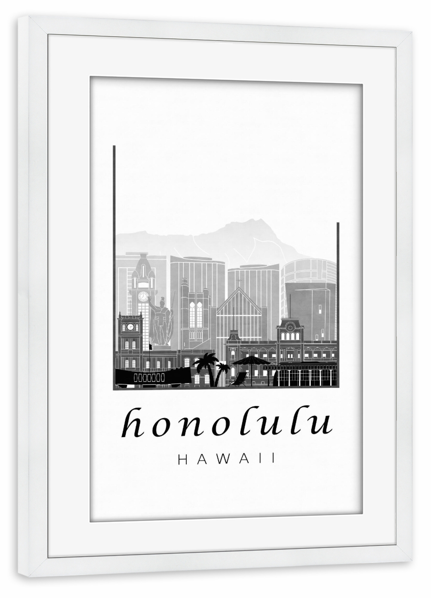 Poster mit Rahmen weiß "Honolulu skyline black & white" artboxONE - Städte,Schwarzweiß,Architektur
