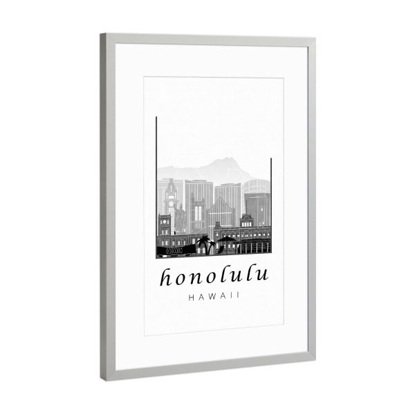 Poster mit Rahmen Silber "Honolulu skyline black & white" artboxONE - Städte,Schwarzweiß,Architektur