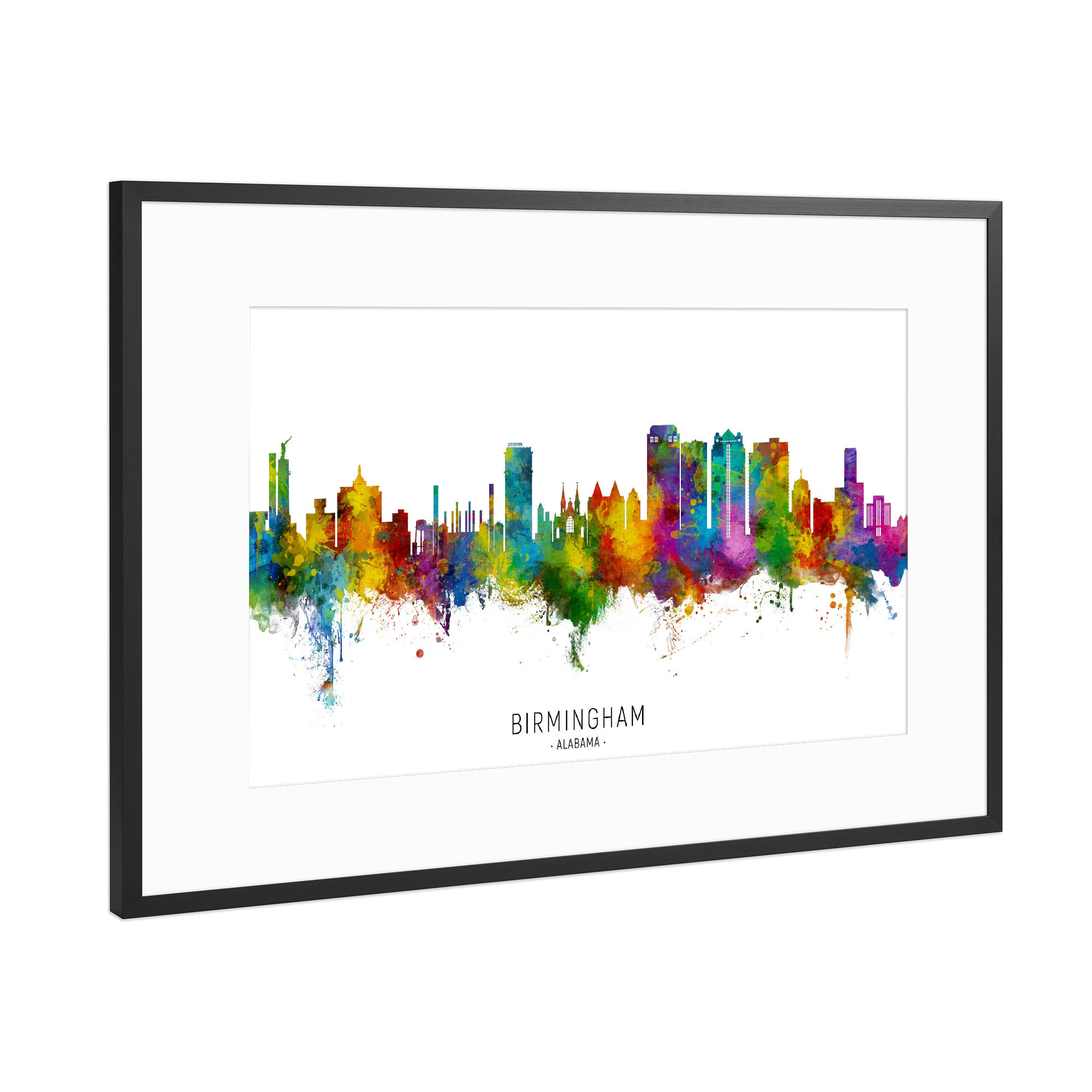 Poster mit Rahmen Schwarz (Metallic) "Birmingham Alabama Skyline txt" artboxONE - Städte