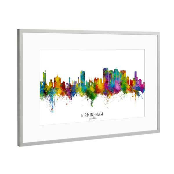 Poster mit Rahmen Silber "Birmingham Alabama Skyline txt" artboxONE - Städte